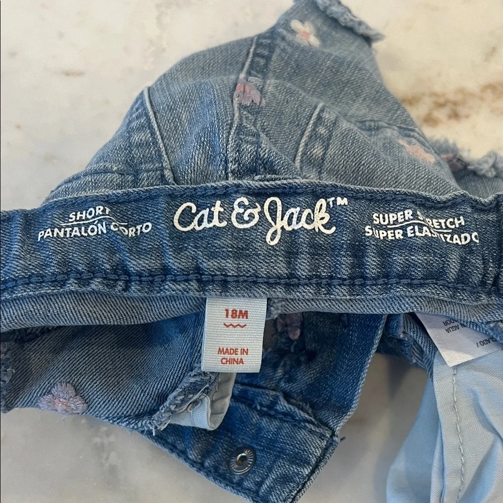 Cat & Jack Light Blue Denim Shorts with Pink & White Floral Embroidery (18m)